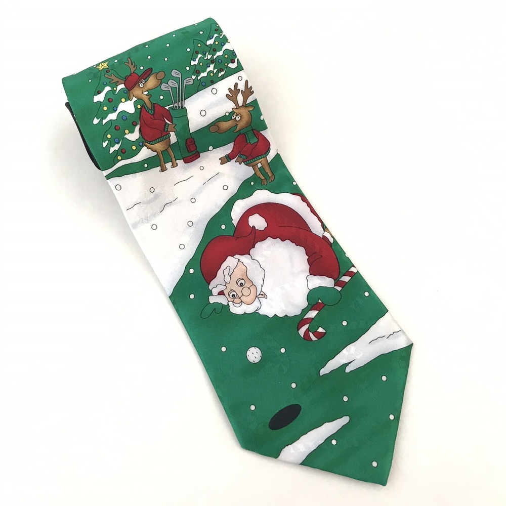 Christmas Neck Tie Hallmark Golfing Santa Reindeer Yule Tie Greetings Golf Snow